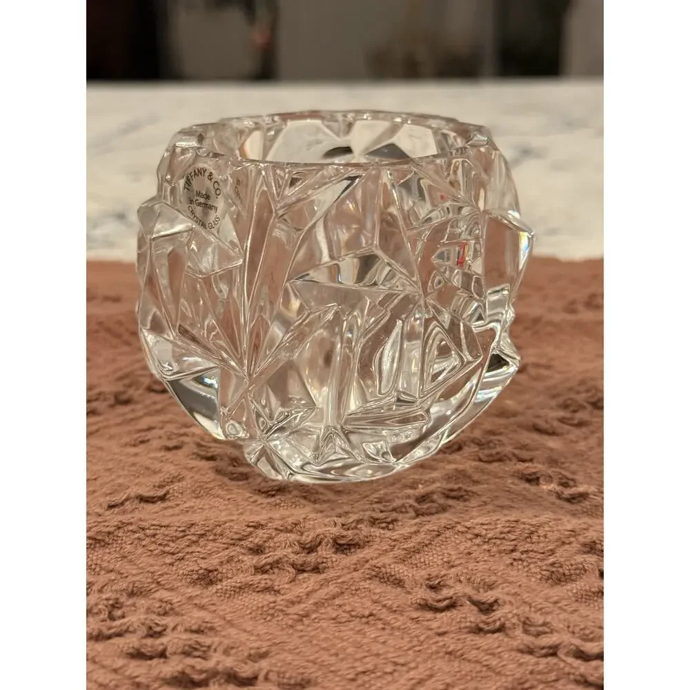 Tiffany & Co Rock Cut Crystal Votive Candle Holder Germany 3” Clear Glass